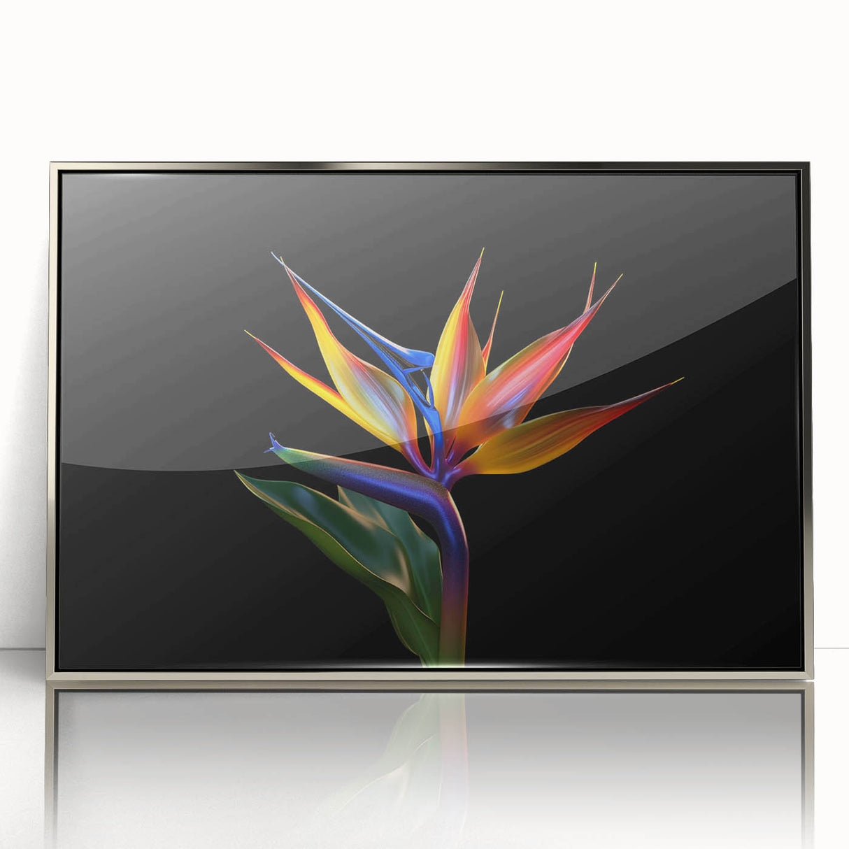 Framed wall art featuring a vibrant tropical flower design, showcasing intricate botanical details in a silver-acrylic frame, ideal for home decor.