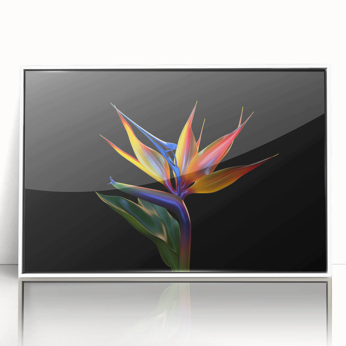 Framed acrylic wall art showcasing a vibrant tropical flower design in a sleek white frame, perfect for adding a touch of exotic elegance to any home decor.