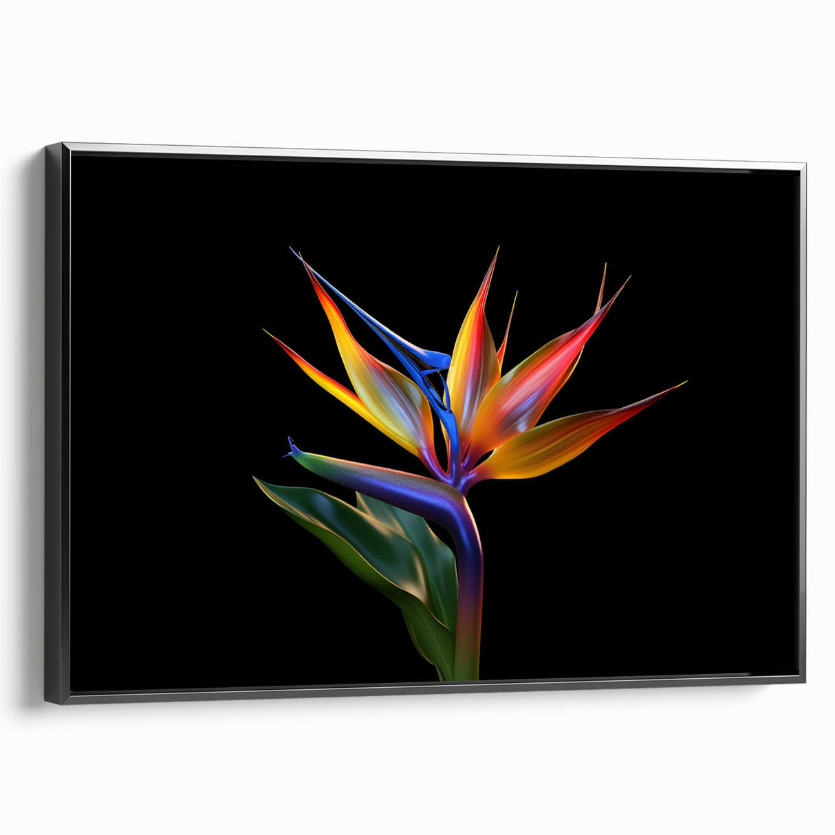 Framed wall art featuring a vibrant tropical botanical flower design in rich colors, showcased from a black side view, perfect for home decor enhancement.