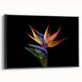 Framed wall art featuring a vibrant tropical botanical flower design in rich colors, showcased from a black side view, perfect for home decor enhancement.