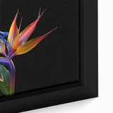 Close-up of a vibrant, tropical botanical flower design on framed canvas wall art, showcasing intricate details and vivid colors, perfect for home decor.
