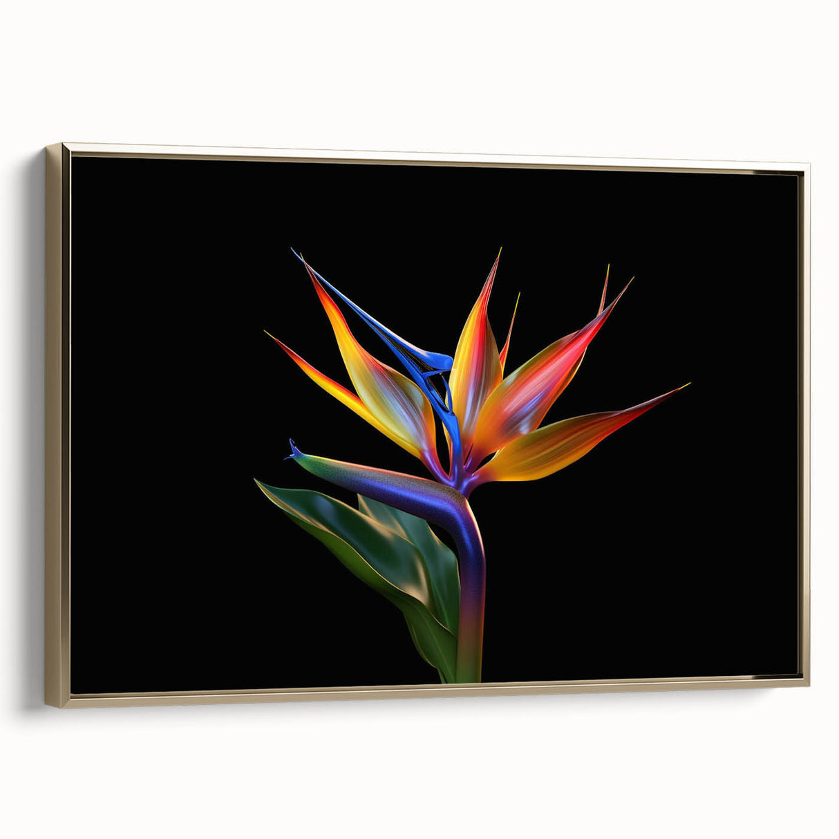 Framed wall art featuring a vibrant tropical floral design with gold accents, showcasing lush botanical elements and a modern aesthetic perfect for home decor.