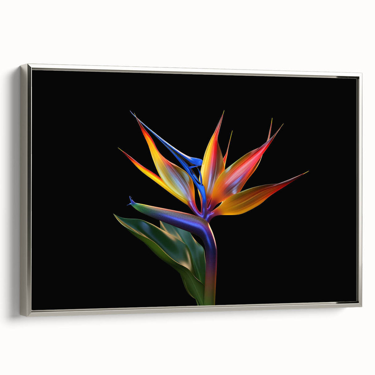 Framed canvas wall art showcasing a vibrant tropical flower design, featuring rich colors and intricate botanical details, presented from a silver side view.