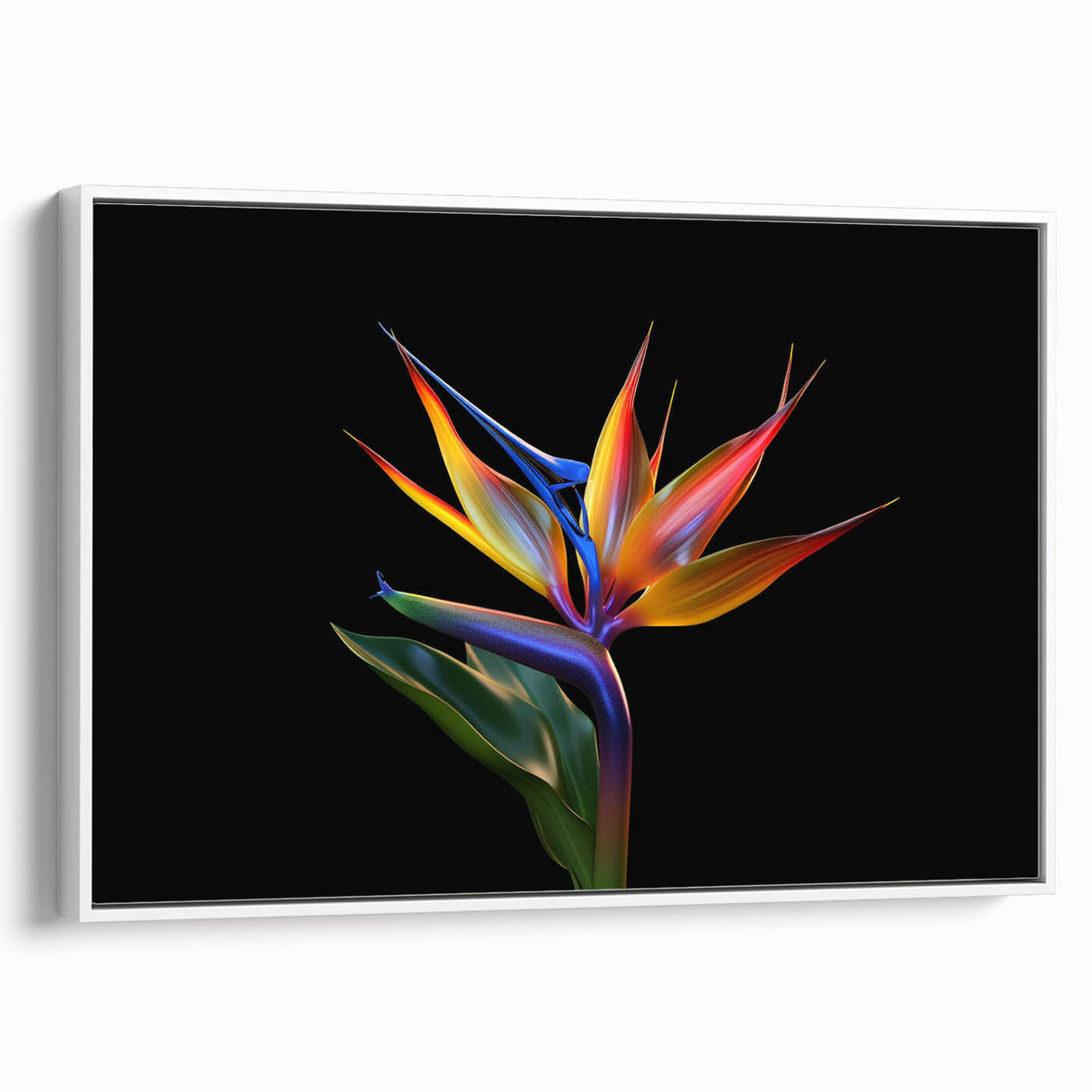 Framed canvas wall art showcasing a vibrant tropical flower design with rich colors and intricate details, displayed against a white background for a modern aesthetic. Ideal for home decor enthusiasts looking to add a touch of botanical beauty to their space.