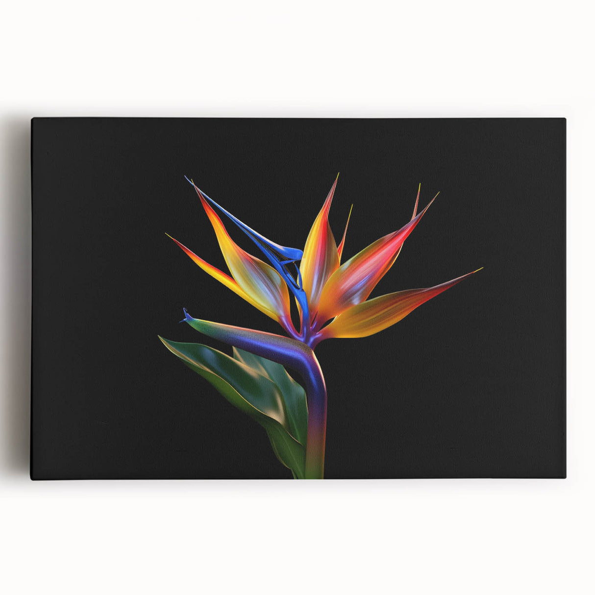 Vibrant stretched canvas wall art showcasing a botanical tropical flower design, featuring lush greens and vivid floral colors, perfect for home decor.