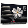Tropical botanical wall art collection featuring vibrant acrylic glass prints of exotic flowers, displayed in a stylish side view with visible pins, perfect for home decor.