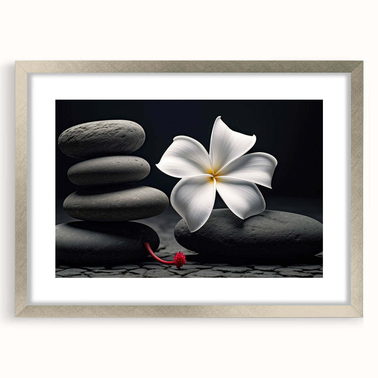 Botanical wall art collection showcasing vibrant tropical flowers in a silver frame with matting, ideal for home decor enthusiasts seeking a touch of nature.