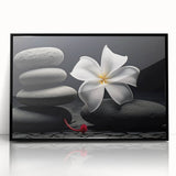 Framed botanical wall art featuring vibrant tropical flowers in a modern black frame. Ideal for home decor, adding a touch of nature and color to any room.