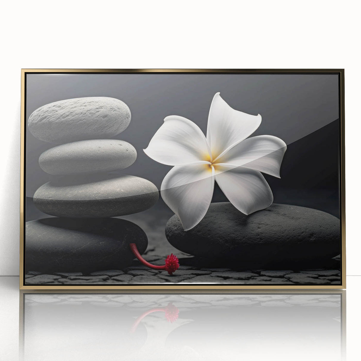 Framed wall art showcasing a vibrant botanical design of tropical flowers in gold-accented acrylic, perfect for home decor in modern or tropical themes.