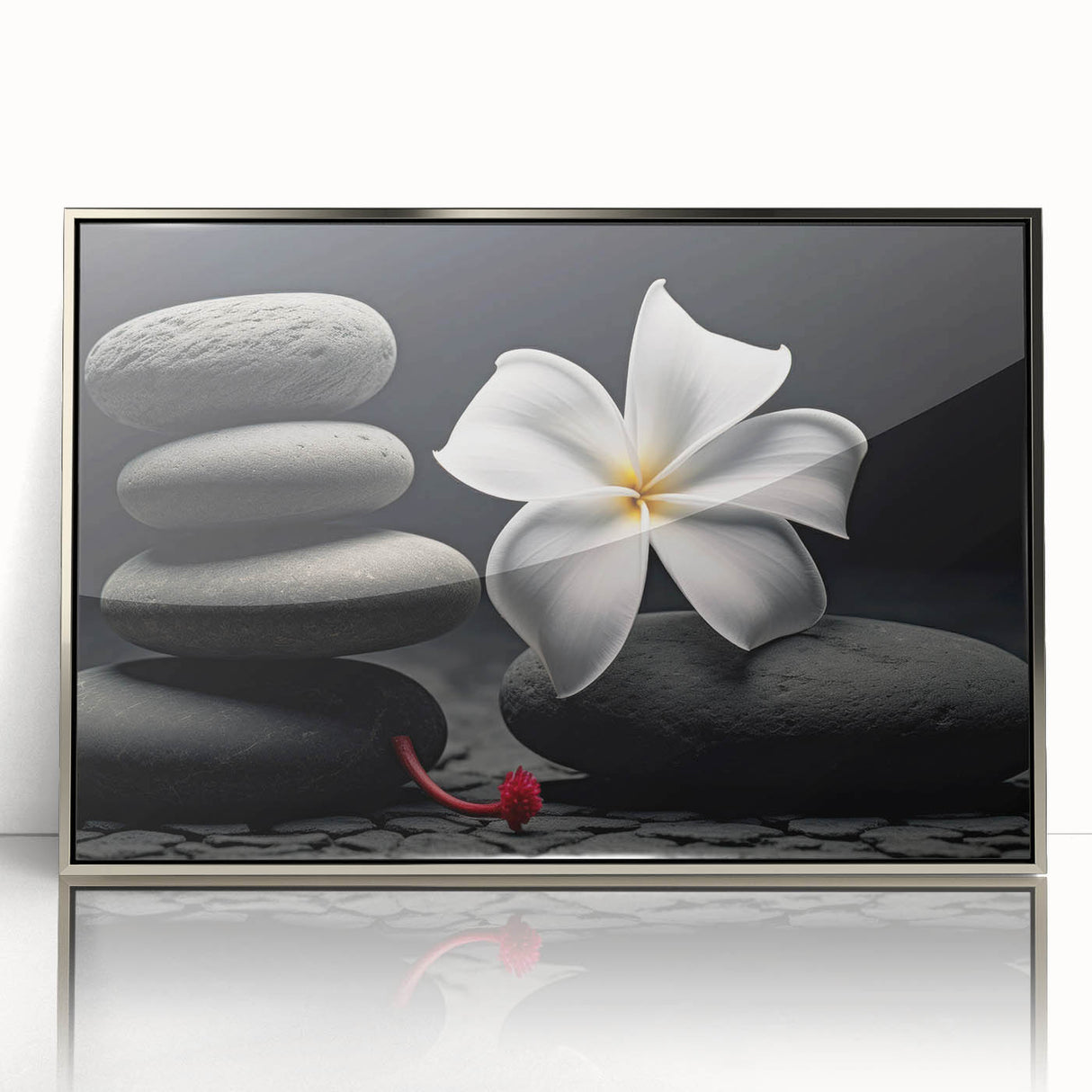 Framed botanical tropical flower wall art design showcasing vibrant colors and intricate details, featuring a silver-acrylic front for a modern aesthetic. Perfect for enhancing interior decor in living spaces or offices.