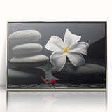 Framed botanical tropical flower wall art design showcasing vibrant colors and intricate details, featuring a silver-acrylic front for a modern aesthetic. Perfect for enhancing interior decor in living spaces or offices.