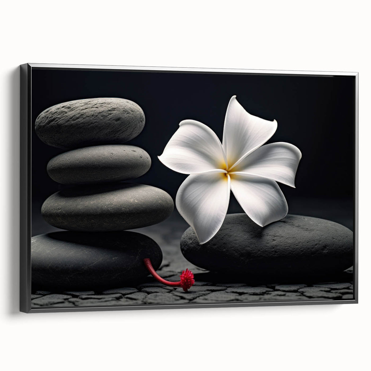 Framed canvas wall art displaying a vibrant tropical flower design with intricate botanical details, set against a sleek black frame, ideal for home decor.