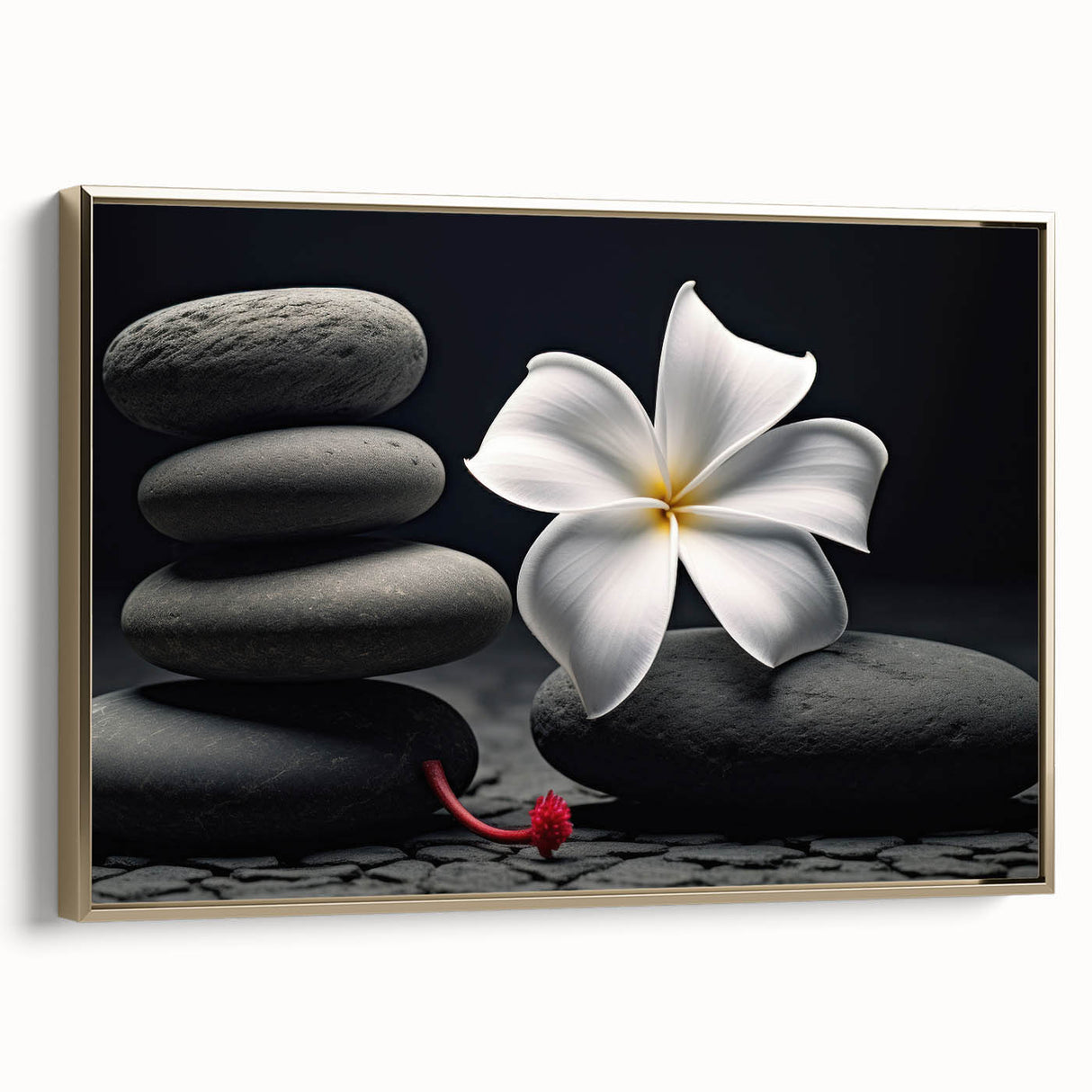 Framed wall art showcasing a vibrant botanical tropical flower design in gold, perfect for home decor. This side view highlights the intricate details and colors of the canvas, adding an elegant touch to any room.