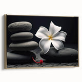 Framed wall art showcasing a vibrant botanical tropical flower design in gold, perfect for home decor. This side view highlights the intricate details and colors of the canvas, adding an elegant touch to any room.