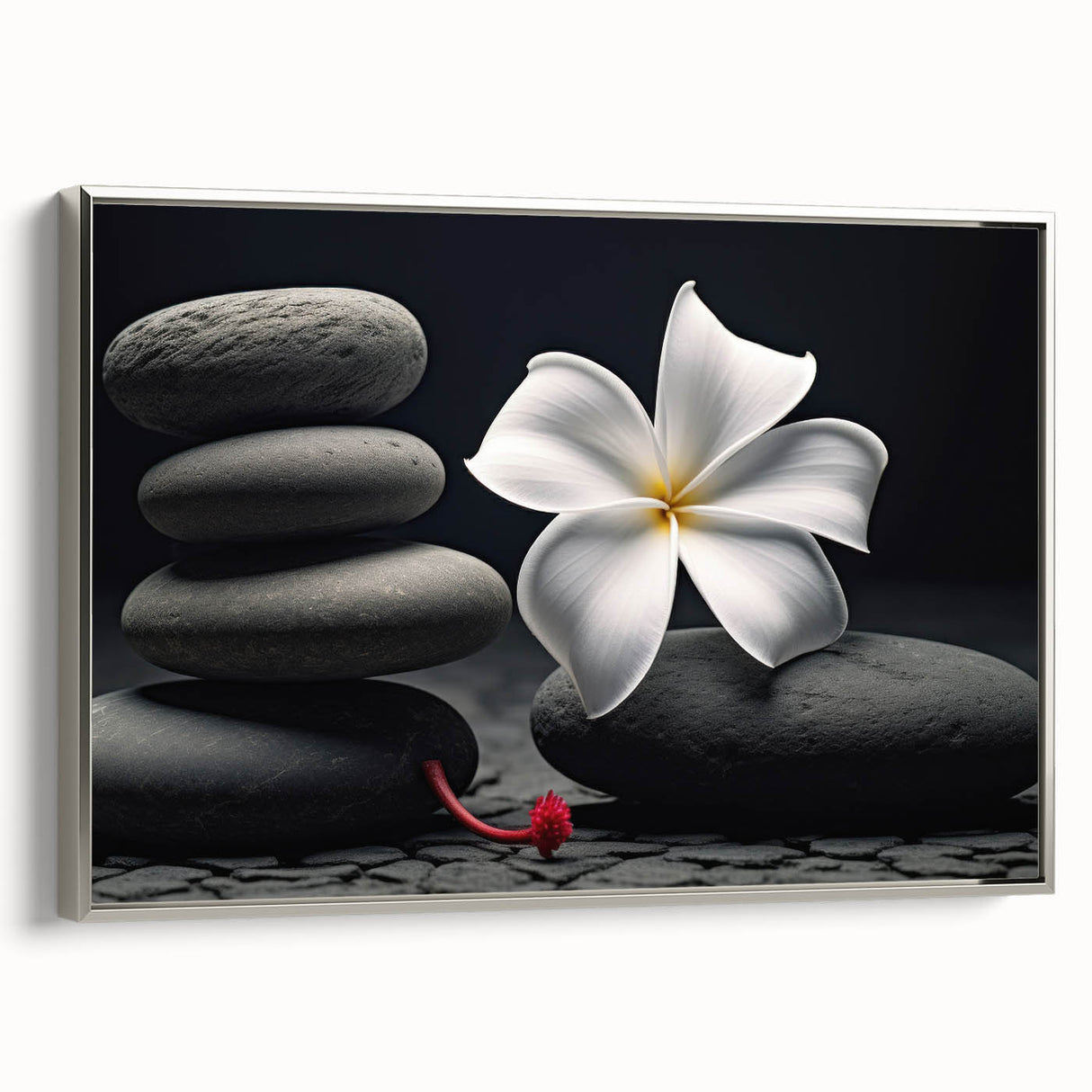 Tropical floral wall art design featuring vibrant colors and intricate botanical details, framed in silver, showcasing a side view of the canvas for a modern decor aesthetic. Ideal for enhancing interior spaces with a touch of nature.