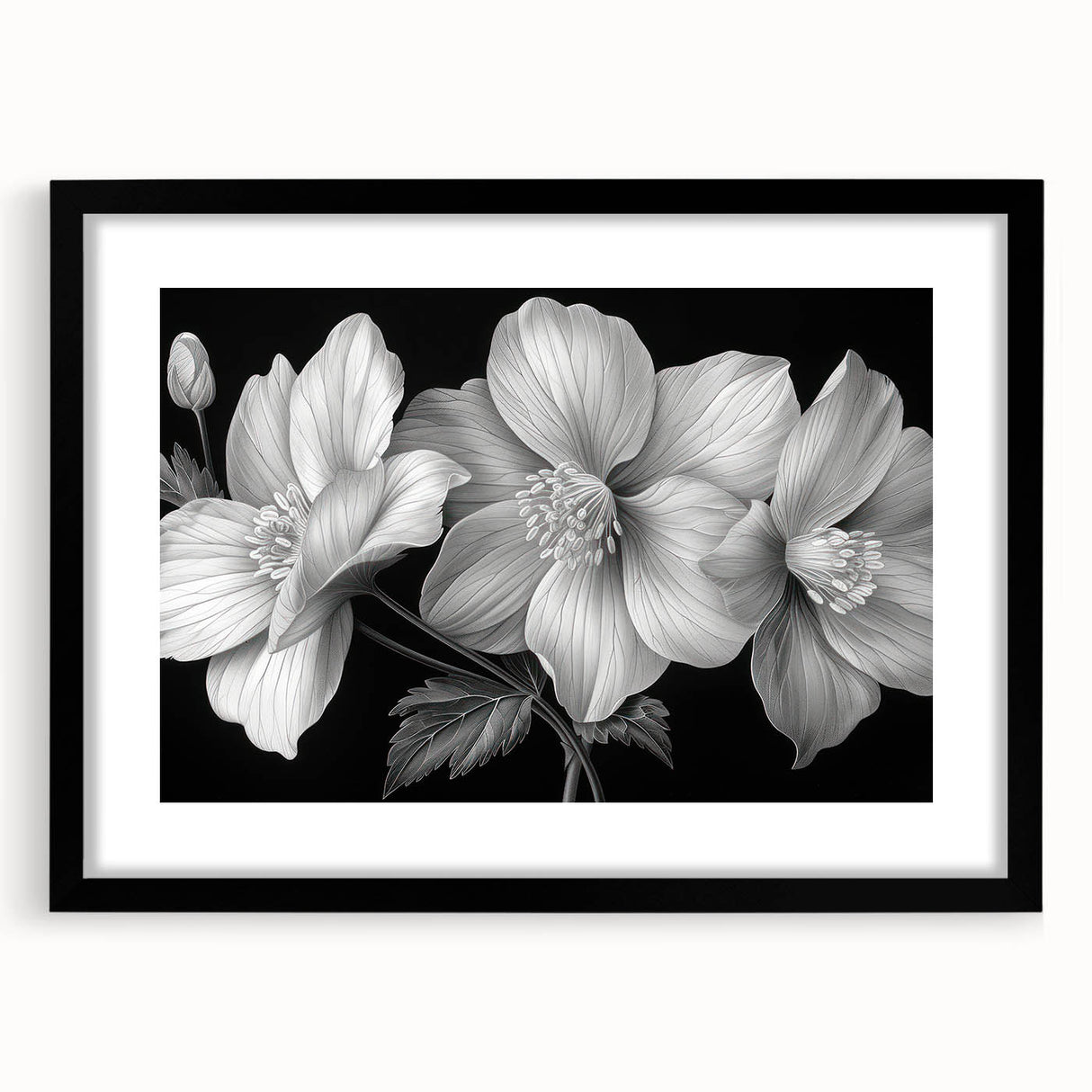 Botanical tropical flower wall art design framed in black, showcasing vibrant colors and intricate details, perfect for enhancing modern home decor.