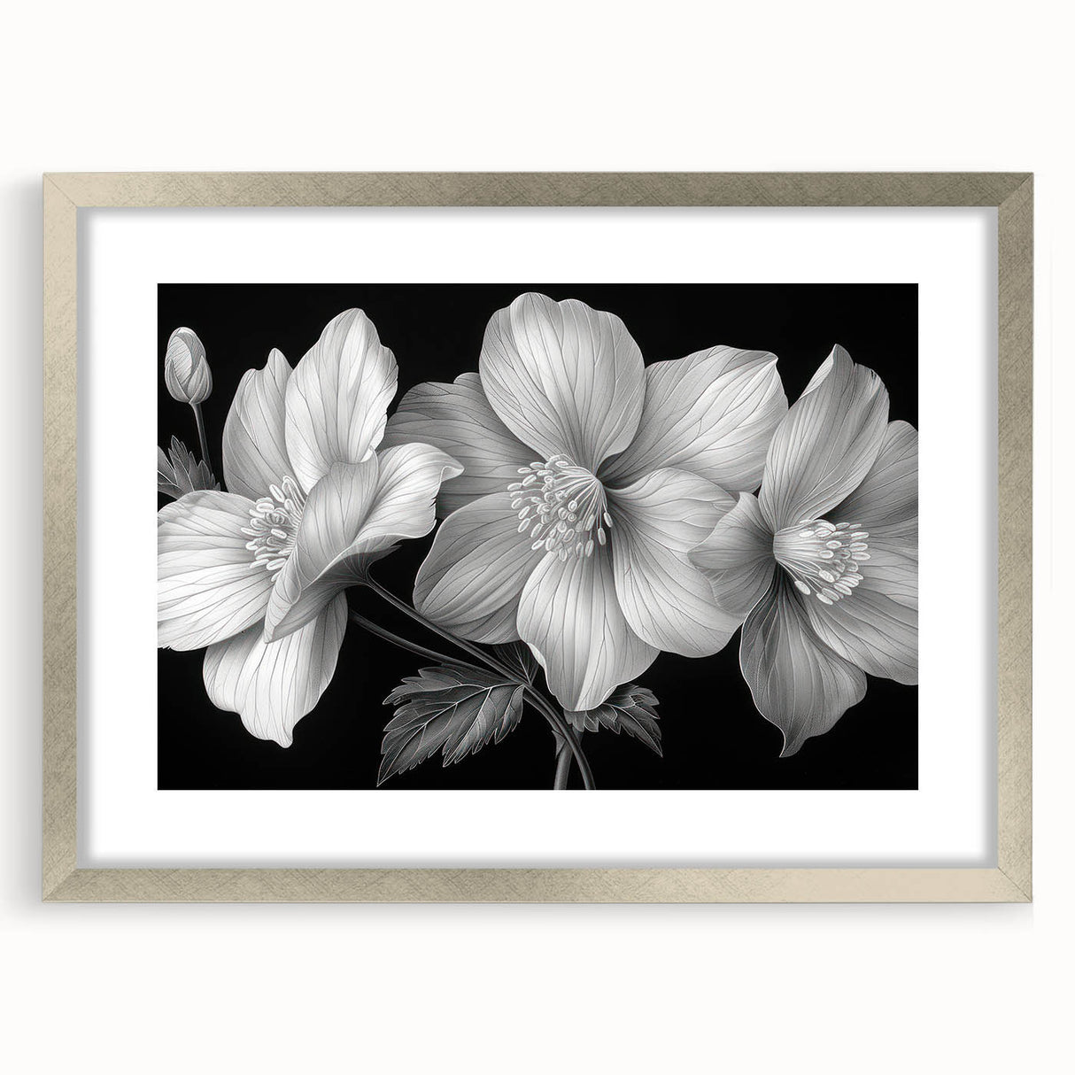 Tropical botanical wall art featuring vibrant flowers in a silver frame with a white mat, perfect for enhancing modern home decor and adding color to any room.