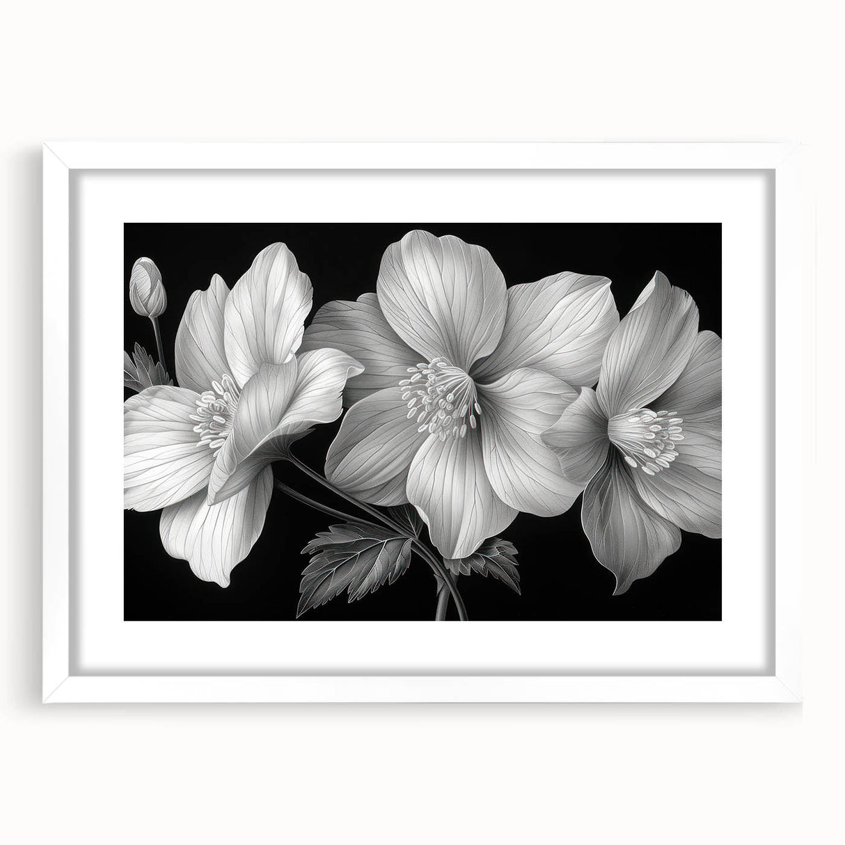 Tropical floral wall art design featuring vibrant botanical illustrations in a white frame with a mat, perfect for home decor to enhance living spaces.
