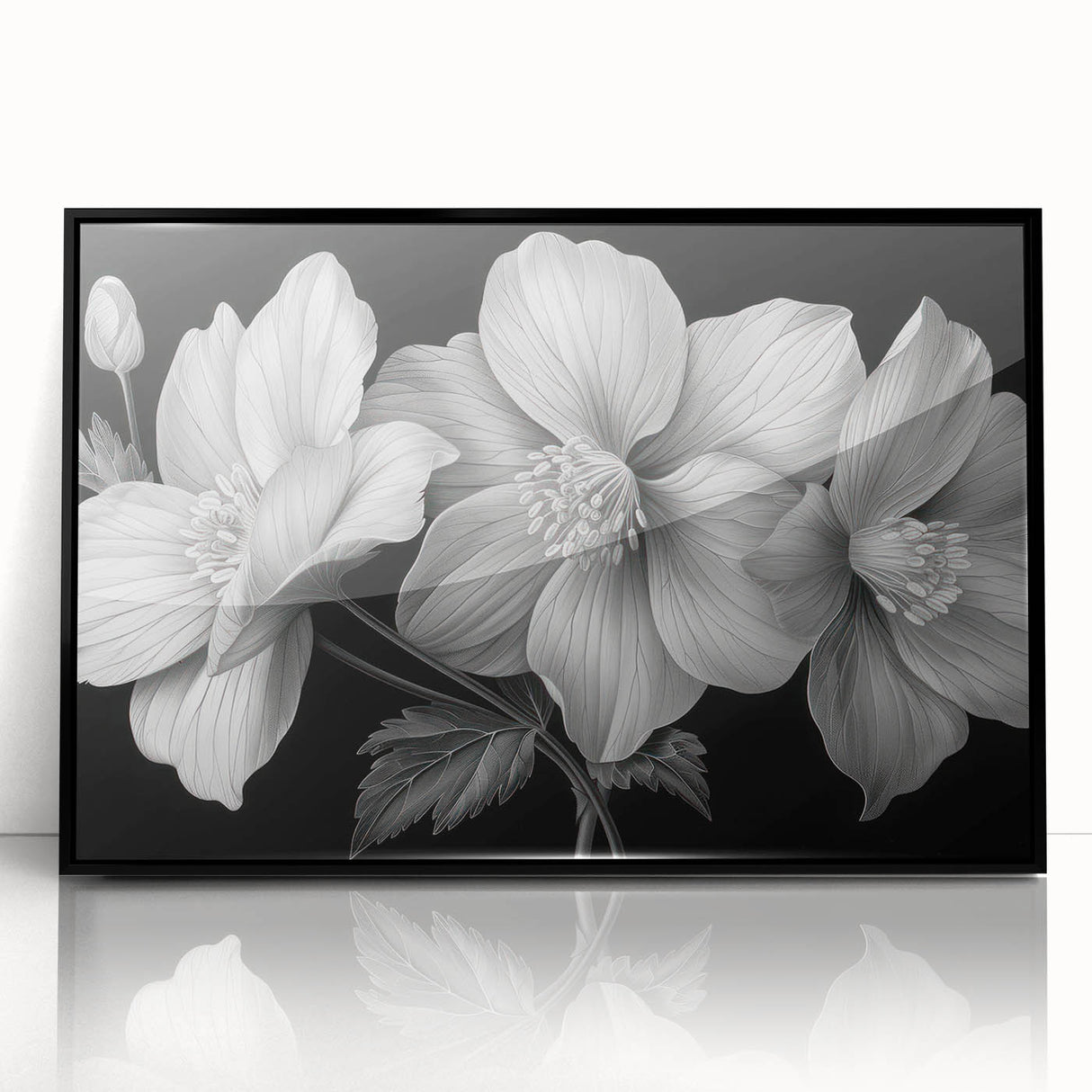 Framed wall art showcasing a vibrant tropical flower design, featuring rich colors and intricate details, set against a sleek black frame, perfect for home decor.