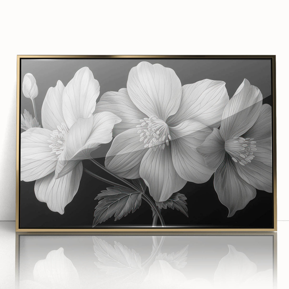 Framed wall art showcasing a vibrant botanical tropical flower design with gold accents, perfect for home decor. Ideal for adding a touch of elegance to any room.