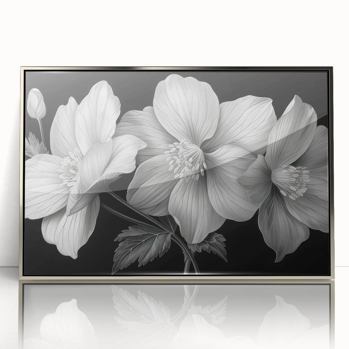 Framed wall art featuring a vibrant botanical design of tropical flowers in a silver-acrylic frame, perfect for enhancing modern home decor.