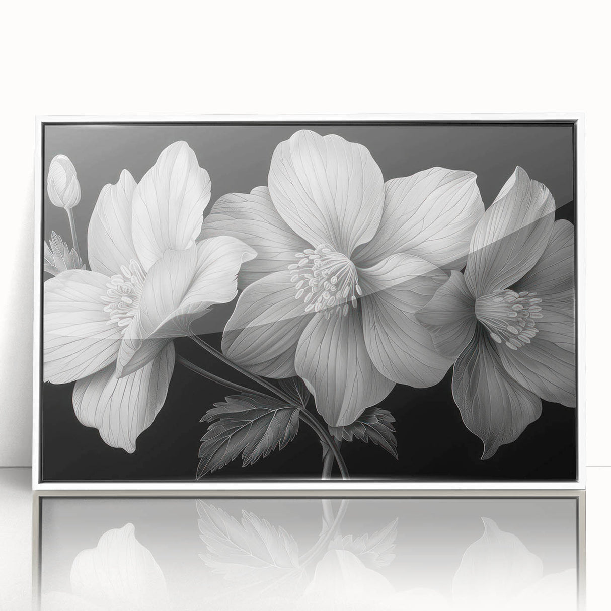 Framed wall art showcasing a vibrant tropical flower design with lush green leaves and vivid colors, perfect for enhancing modern decor. The acrylic frame adds elegance and depth, making it an ideal piece for botanical enthusiasts.
