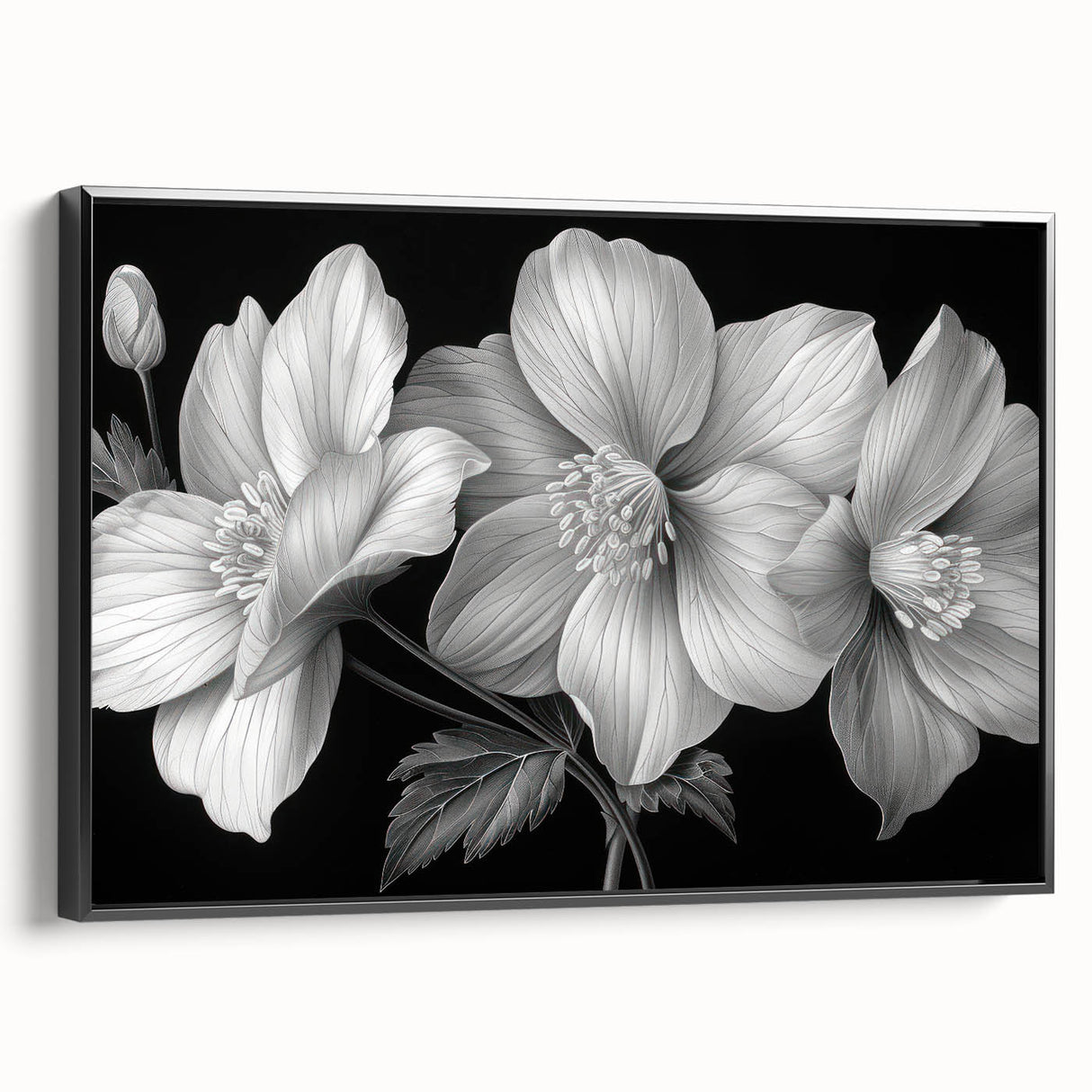 Framed canvas wall art showcasing a vibrant tropical flower design with botanical elements in rich colors, set against a sleek black background, perfect for home decor.