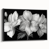 Framed canvas wall art showcasing a vibrant tropical flower design with botanical elements in rich colors, set against a sleek black background, perfect for home decor.