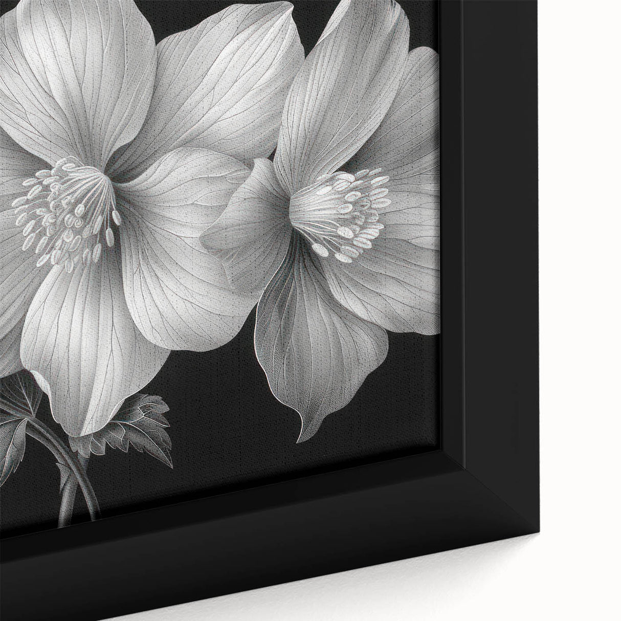 Close-up of a framed canvas showcasing a vibrant tropical floral design, featuring intricate details of lush, colorful flowers against a soft background, ideal for botanical art enthusiasts.