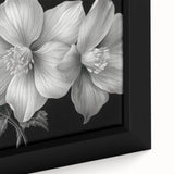 Close-up of a framed canvas showcasing a vibrant tropical floral design, featuring intricate details of lush, colorful flowers against a soft background, ideal for botanical art enthusiasts.