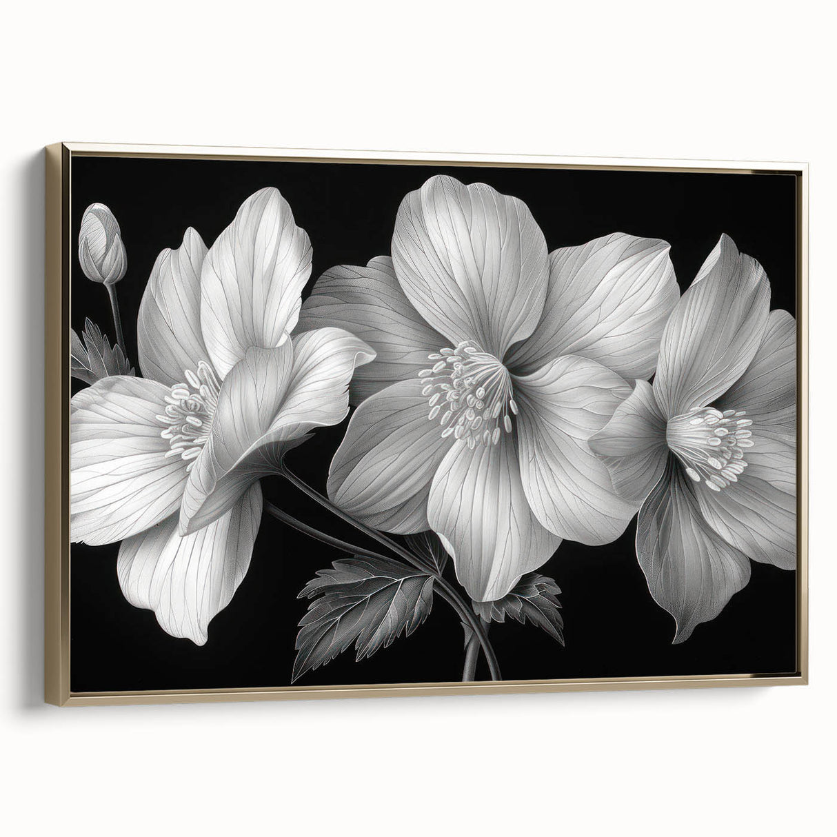Framed canvas wall art showcasing a vibrant tropical flower design with gold accents, perfect for home decor. Side view highlights intricate details and colors.