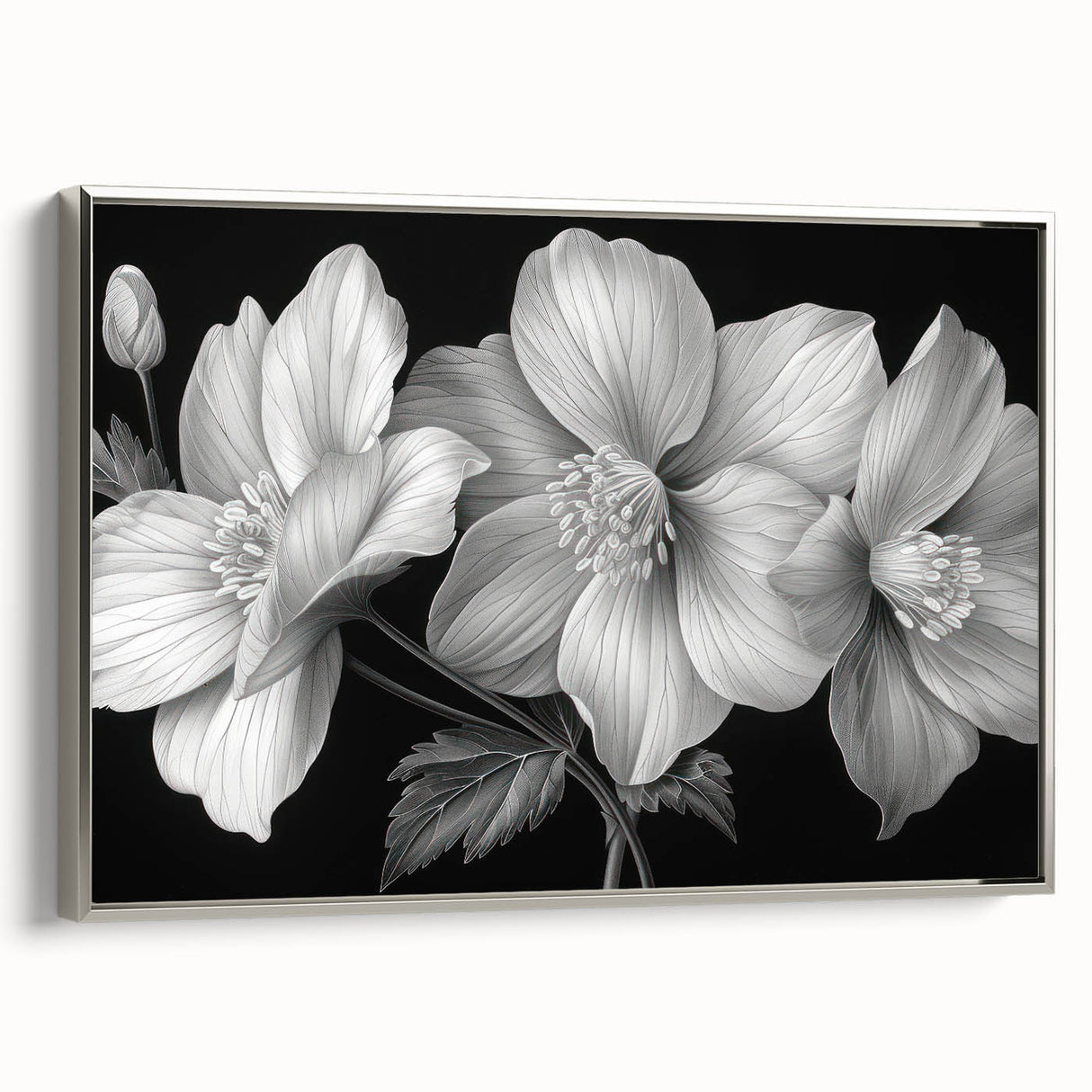 Framed canvas wall art showcasing a vibrant tropical flower design in hues of pink and green, elegantly displayed with a silver frame, ideal for home decor.