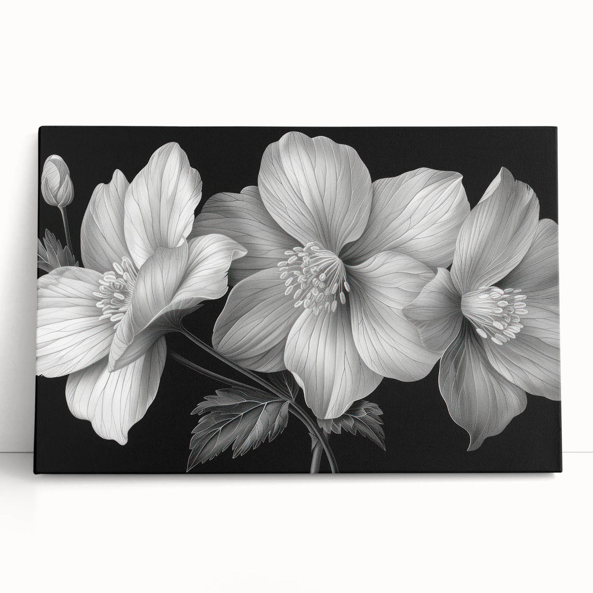 Vibrant tropical flower wall art design on stretched canvas, showcasing vivid colors and intricate botanical details, perfect for home decor enhancement.