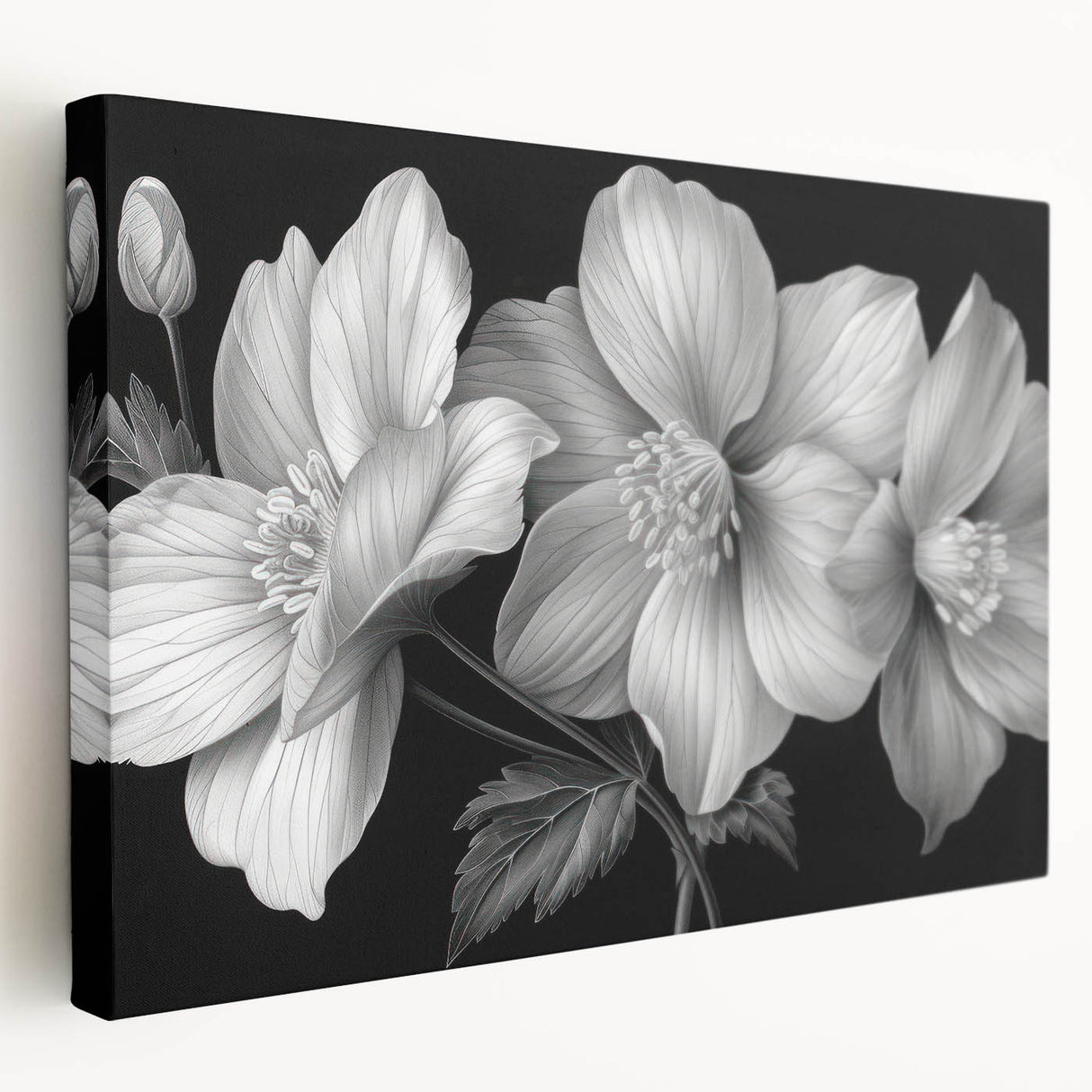Tropical botanical wall art featuring vibrant, colorful flowers on stretched canvas, showcasing intricate details and a side view perspective, ideal for home decor.