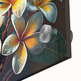 Vibrant close-up of a tropical botanical wall art piece featuring intricate flower designs in vivid colors, perfect for adding a touch of nature to home decor.