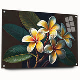 Tropical botanical wall art design featuring vibrant, colorful flowers displayed in a sleek acrylic frame, showcasing a side view with visible mounting pins. Perfect for enhancing home decor with a touch of nature.