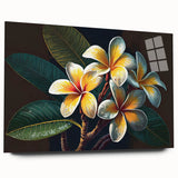 Tropical floral wall art design displayed in an acrylic glass frame, showcasing vibrant colors and intricate botanical details, ideal for home decor enhancement.