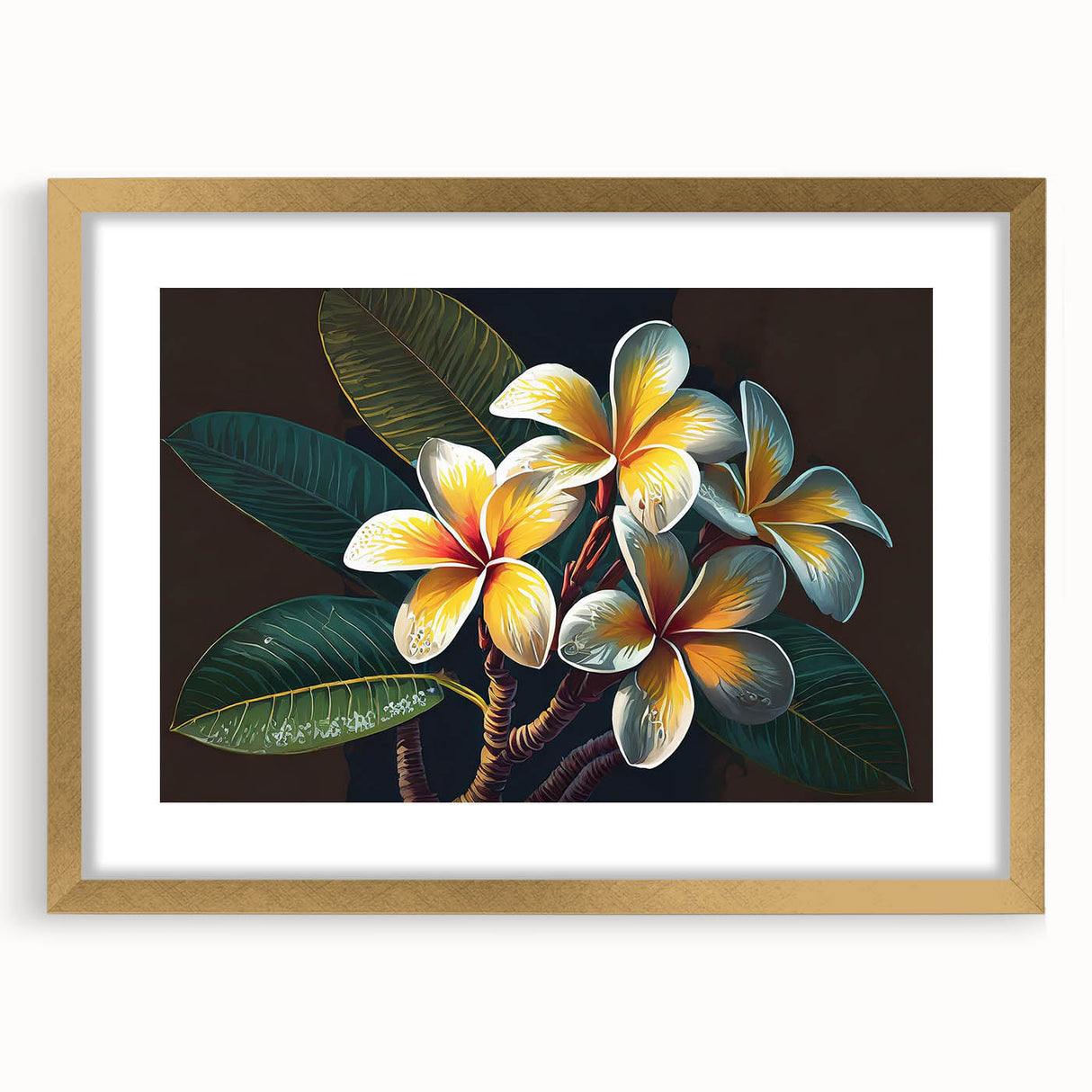 Tropical botanical wall art featuring vibrant flowers in a gold-framed design, ideal for enhancing home decor with a touch of elegance and nature.