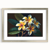 Tropical floral wall art design featuring vibrant botanical illustrations in a silver frame with matting, ideal for home decor and enhancing interior aesthetics.