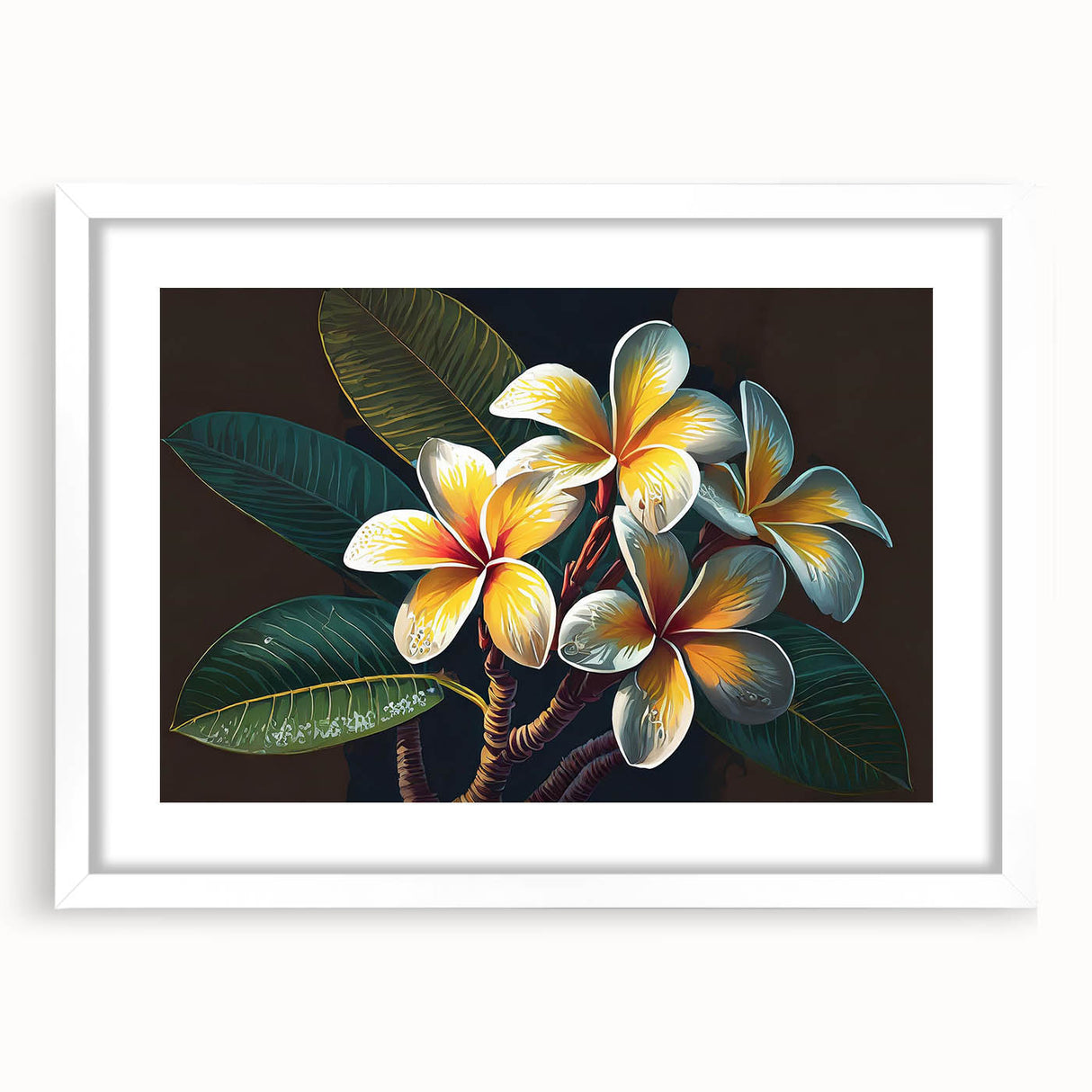 Botanical wall art collection showcasing vibrant tropical flowers in a white frame with a mat, perfect for adding a lively touch to any home decor.