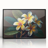 Framed wall art featuring a vibrant tropical flower design with botanical elements, set in a sleek black frame, perfect for enhancing decor in modern interiors.