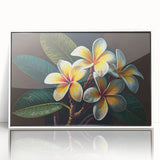 Framed acrylic wall art showcasing a vibrant tropical flower design with intricate botanical details, set against a white background to enhance its beauty.