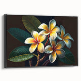 Framed wall art showcasing a vibrant tropical flower design on canvas, featuring rich colors and intricate details, ideal for enhancing home decor.
