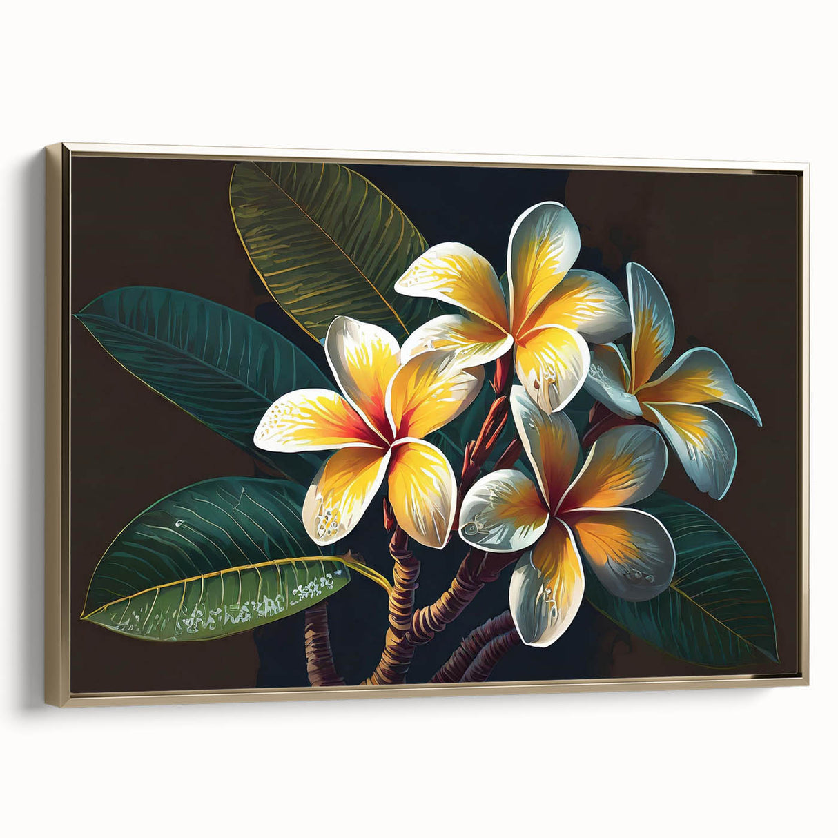 Framed wall art featuring a vibrant botanical tropical flower design with gold accents, showcasing detailed floral illustrations on a canvas, perfect for home decor.