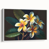 Framed canvas wall art showcasing a vibrant tropical flower design with botanical elements, set against a white background for a modern aesthetic. Perfect for home decor.