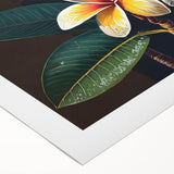 Tropical botanical wall art design on rolled canvas, showcasing vibrant flowers in rich colors, perfect for home decor or art enthusiasts, packaged securely.
