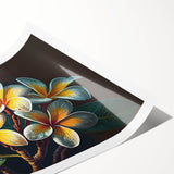 Tropical botanical wall art print showcasing vibrant flowers in a lush green setting, designed for home decor. Ideal for adding color to any room.