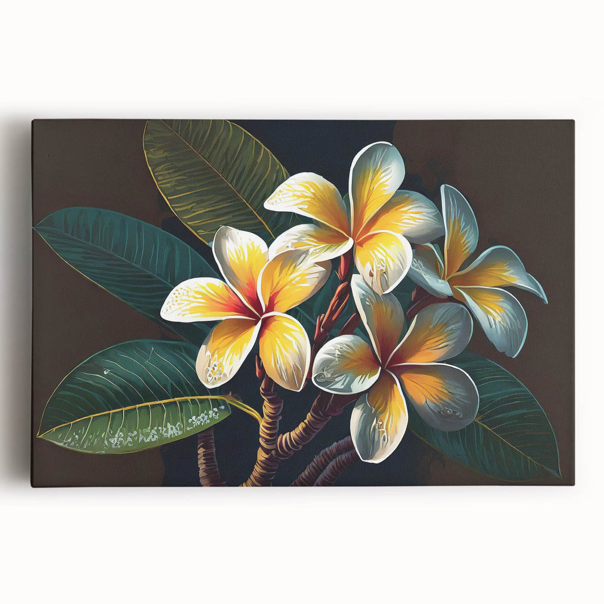 Tropical botanical flower wall art on stretched canvas, showcasing vibrant colors and intricate floral designs, perfect for home decor or office spaces.