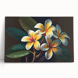 Vibrant tropical flower design on a stretched canvas wall art piece, showcasing lush colors and intricate details, perfect for brightening home decor.