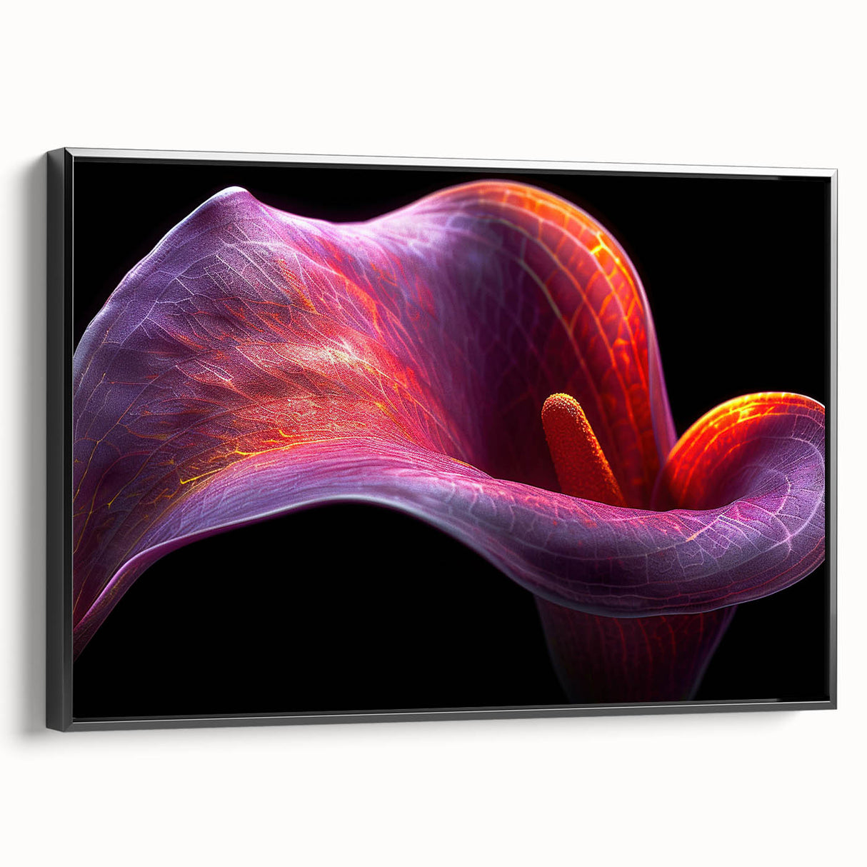 Framed wall art showcasing a vibrant botanical tropical flower design on a black background, emphasizing intricate floral details and colors, perfect for home décor.